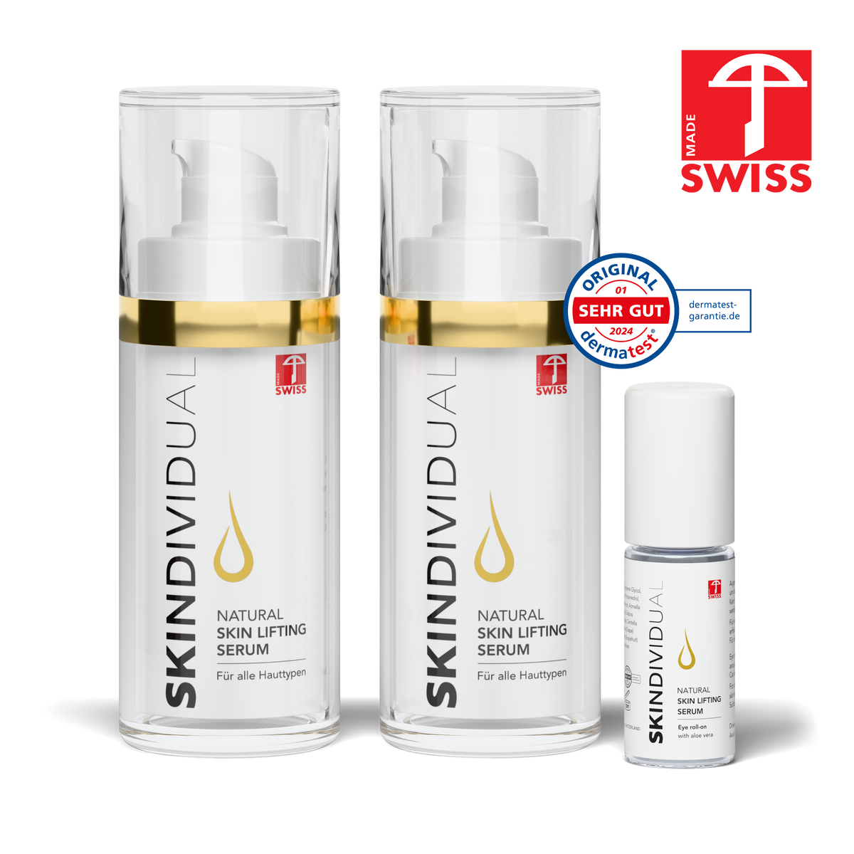 SKINDIVIDUAL Anti-Aging Skincare Set: 2× Natural Skin Lifting Serum 30 ml und Hyaluron Augengel Roll On, Swiss Made und Dermatest-Siegel „sehr gut“