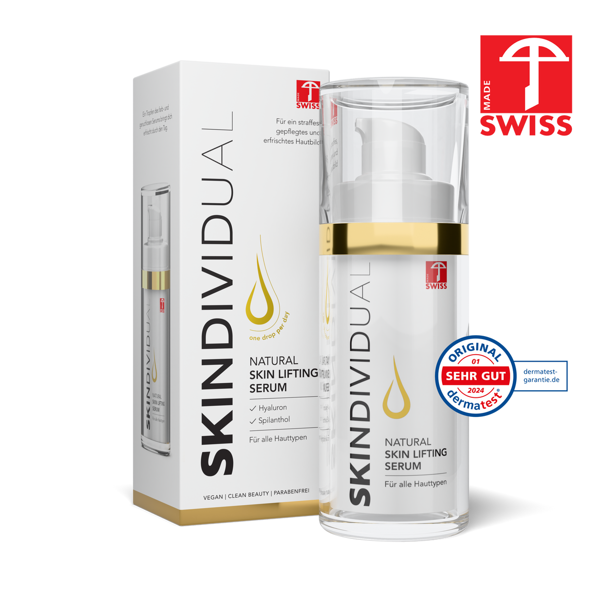 SKINDIVIDUAL Natural Skin Lifting Serum 30 ml mit Verpackung, Swiss Made und Dermatest-Siegel „sehr gut“
